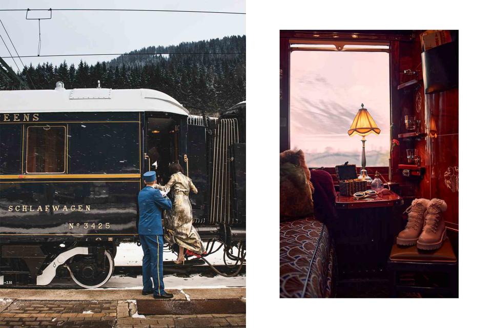 <p>Courtesy of Belmond</p> From left: A porter helps a passenger board one of the Venice Simplon-Orient-Express