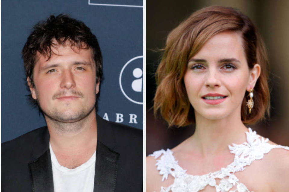 left: Josh Hutcherson poses at the 13th Annual Go Gala on November 16, 2019, right: Emma Watson poses at the Earthshot Prize 2021 on October 17, 2021