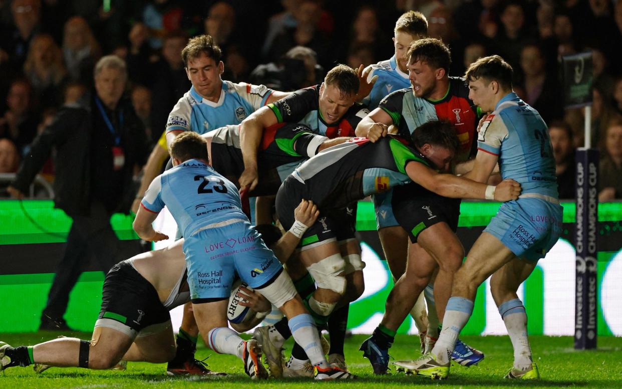 Harlequins' Sam Riley scores their fourth try from a maul