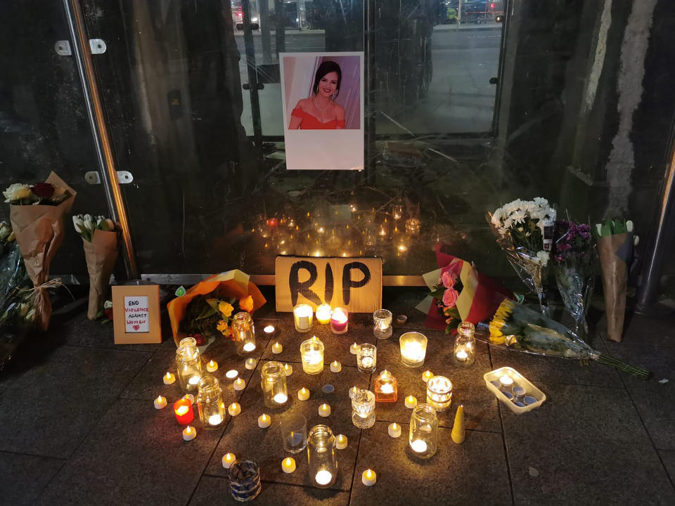 Picture shows Floral tributes at a vigil attended by hundreds in Galway city centre for Ashling Murphy, a young woman who was murdered in Tullamore, Co Offaly. Issue date: Thursday January 13, 2022.. 