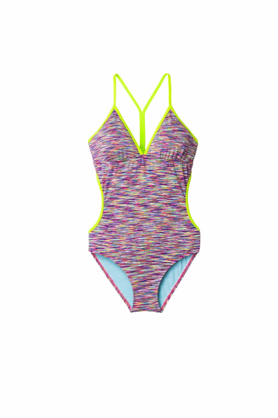 This product image released by Athleta shows a one-piece bathing suit. Swim separates, including bikini and tankini tops, and brief, bikini and short-style bottoms, were introduced into wide distribution several years ago. They were intended to solve a practical problem when consumers needed a bigger top or bigger bottom, but women have since started using them to make a style statement. (AP Photo/Athleta)