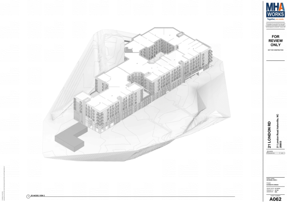 Renderings of the "London Road Apartments," a 208-unit development proposed for 21 London Road near Biltmore Village.