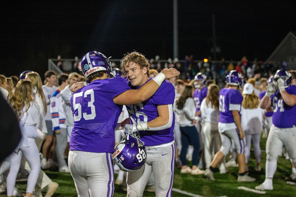 RFH's Jack Mauthe and Alastair Orr celebrate the team's 35-28 victory during the Willingboro High School vs. Rumson-Fair Haven 2023 NJSIAA Group 2 semifinal football game at Rumson-Fair Haven Regional High School in Rumson, NJ Friday, November 17, 2023.