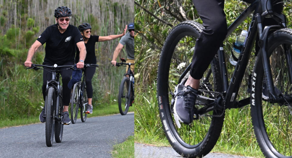 US First lady Jill Biden and US President Joe Biden ride bikes through Gordons Pond State Park in Rehoboth Beach, Delaware on July 31, 2023. (Photo by Jim WATSON / AFP) (Photo by JIM WATSON/AFP via Getty Images)