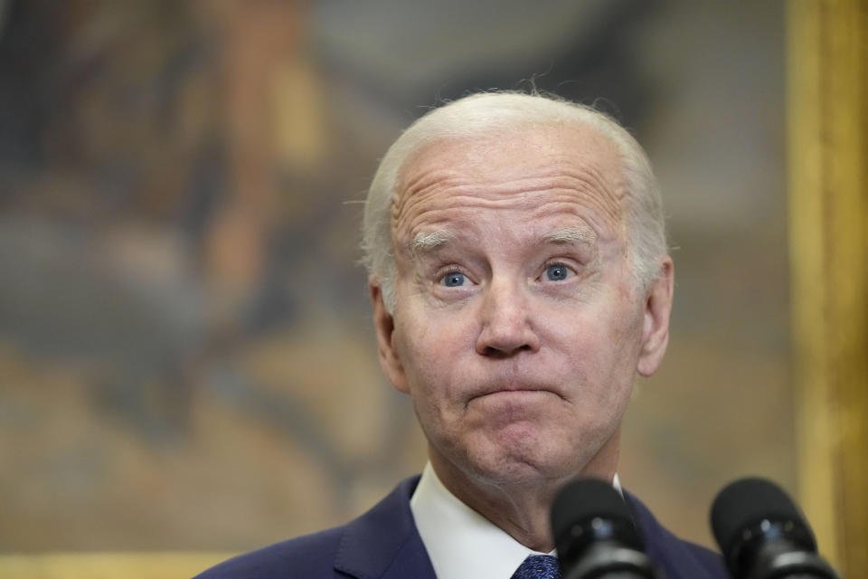 President Joe Biden speaks in the Roosevelt Room of the White House, Sunday, May 28, 2023, in Washington. Biden and House Speaker Kevin McCarthy reached a final agreement Sunday on a deal to raise the nation's debt ceiling while trying to ensure enough Republican and Democratic votes to pass the measure in the coming week. (AP Photo/Manuel Balce Ceneta)