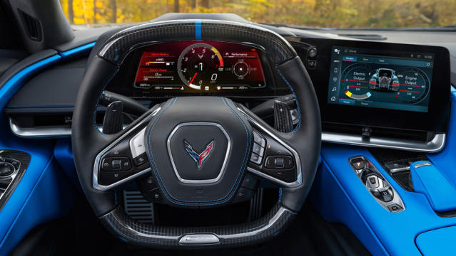 The cockpit of the Chevrolet Corvette E-Ray, the first hybrid Corvette.
