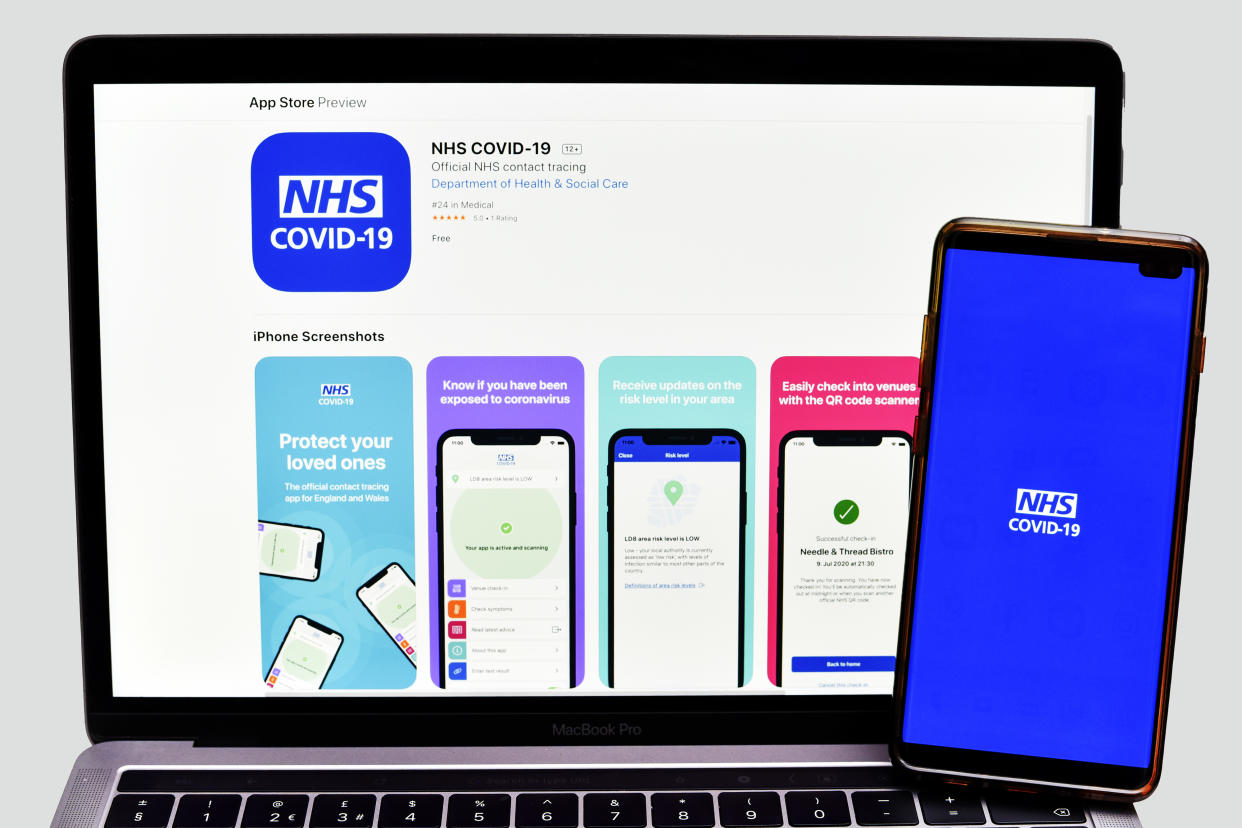  In this photo illustration the NHS Test and Trace app which has been launched in England and Wales is displayed on a smartphone with a laptop on the background.
People have been urged to download the long-delayed�Covid-19�contact tracing software. (Photo by Dave Rushen / SOPA Images/Sipa USA) 