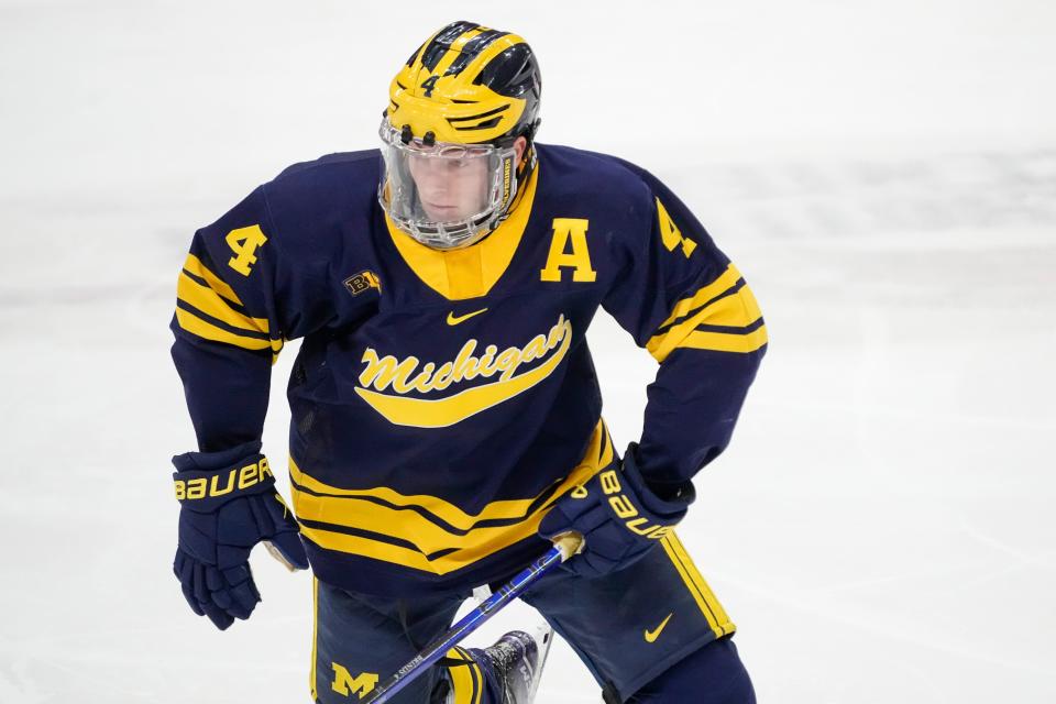 Feb 2, 2024; Columbus, Ohio, USA; Michigan Wolverines forward Gavin Brindley (4) skates during the NCAA men’s hockey game against the Ohio State Buckeyes at Value City Arena.