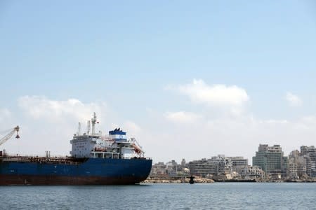Fuel ship anchored is seen in the seaport of Benghazi