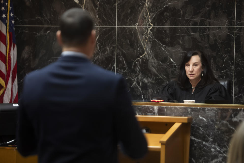 Judge Cheryl Matthews speaks with attorneys during a trial for Jennifer Crumbley at the Oakland County Courthouse on Wednesday, Jan. 31, 2024, in Pontiac, Mich. Crumbley is charged with involuntary manslaughter. (Katy Kildee/Detroit News via AP, Pool)