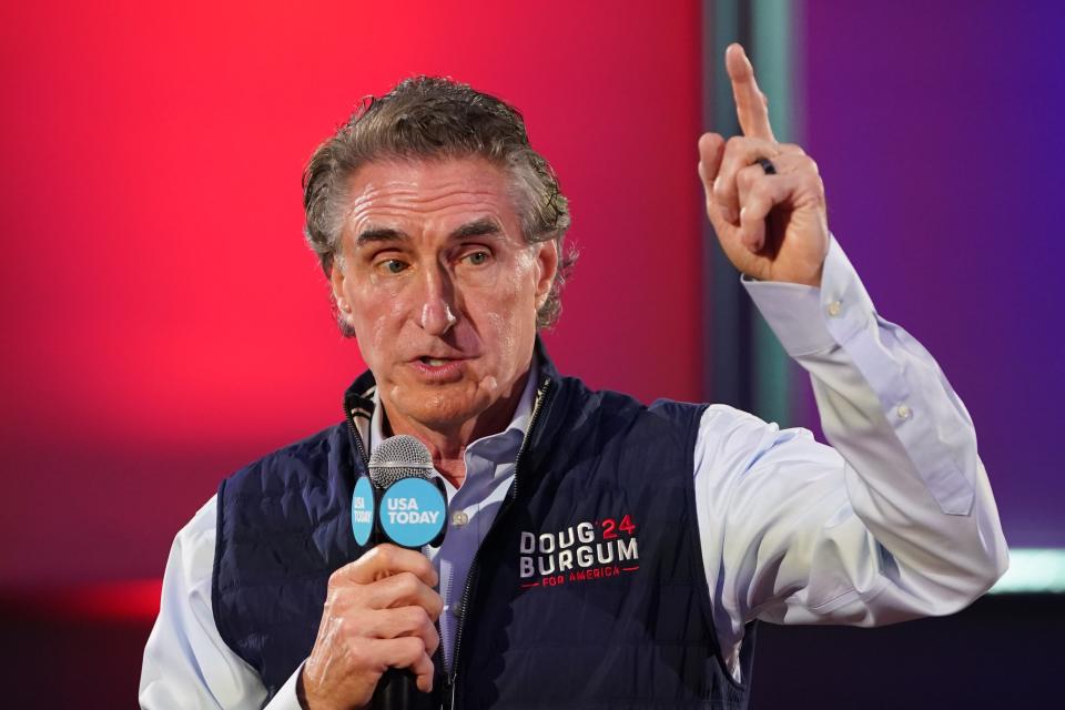 Republican presidential candidate Doug Burgum speaks during the Seacoast Media Group and USA TODAY Network 2024 Republican Presidential Candidate Town Hall Forum.