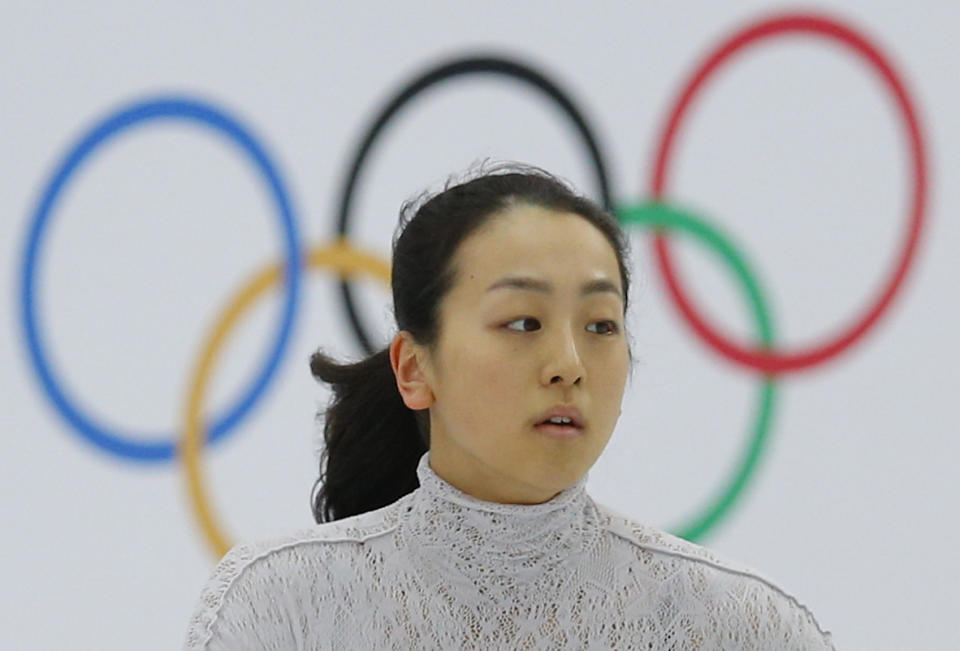 Mao Asada of Japan skates during a practice session at the figure stating practice rink at the 2014 Winter Olympics, Monday, Feb. 17, 2014, in Sochi, Russia. (AP Photo/Vadim Ghirda)