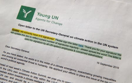 A copy of an open letter sent to the U.N. Secretary general on climate action is pictured at the United Nations in Geneva