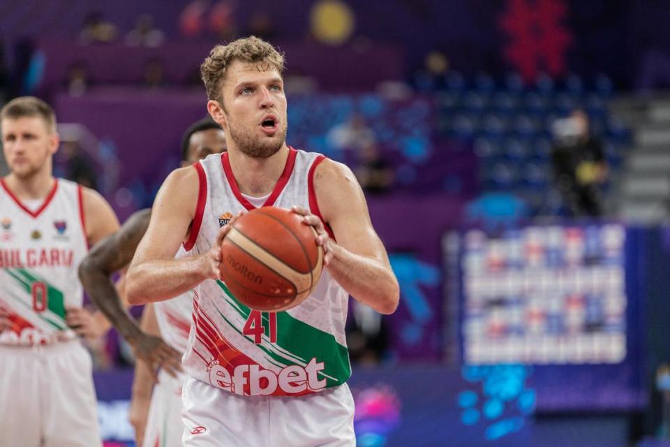 Sasha Vezenkov of Bulgaria in action in the FIBA EuroBasket 2022 game between Belgium and Bulgaria at Tbilisi Arena.