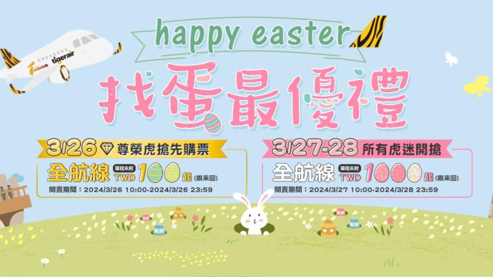 台灣虎航特別促銷活動「復活節驚喜彩蛋-找蛋最優禮」。（圖／翻攝自台灣虎航官網）