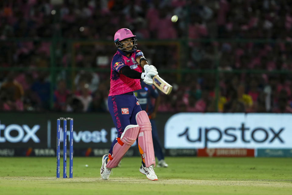 Rajasthan Royals’ Riyan Parag bats during the Indian Premier League cricket match between Lucknow Super Giants and Rajasthan Royals in Jaipur, India, Wednesday, April 19, 2023. (AP Photo Surjeet Yadav )