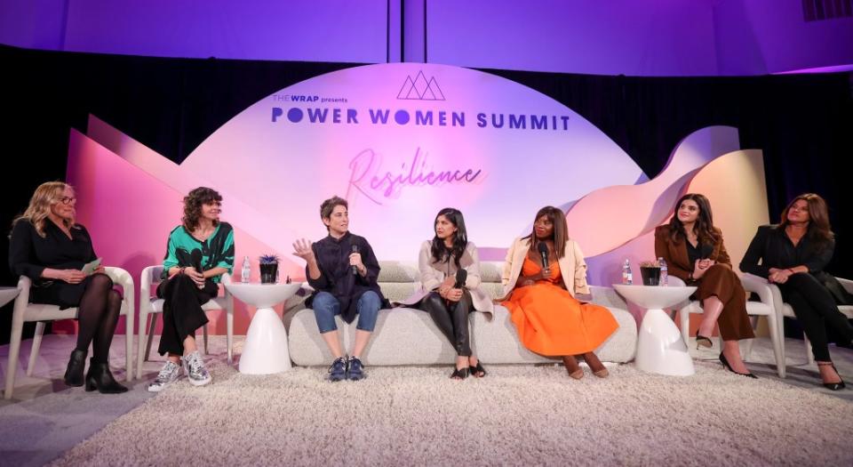 (L-R) Susan Sprung, Aida Rodgers, Carolyn Strauss, Christine D'Souza Gelb, Janine Nabers, Liza Katzer and Robbie Brenner at The Wrap's Power Women Summit, Maybourne Hotel, Beverly Hills, California on Dec 5, 2023.