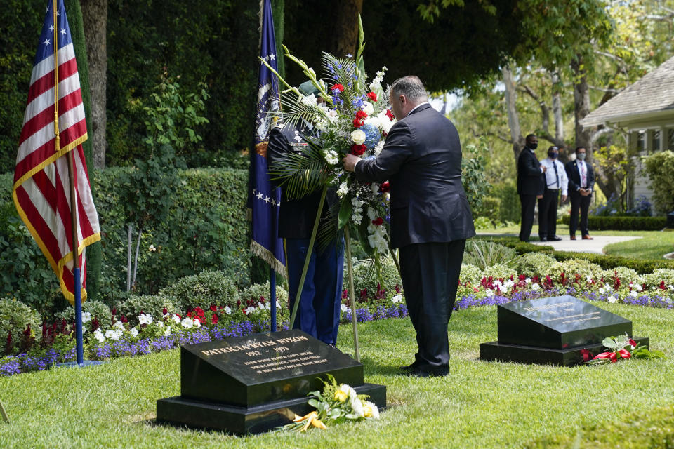 Secretary of State Mike Pompeo lays a wreath at the Richard Nixon Presidential Library, Thursday, July 23, 2020, in Yorba Linda, Calif. (AP Photo/Ashley Landis, Pool)