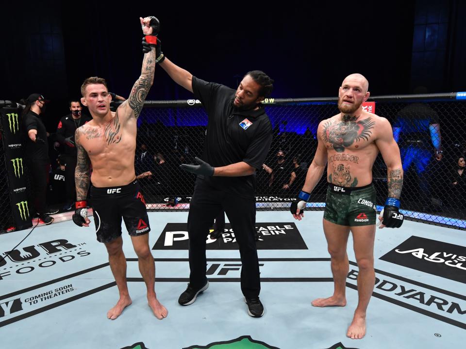 Dustin Poirier reacts after beating Conor McGregor (Zuffa LLC)