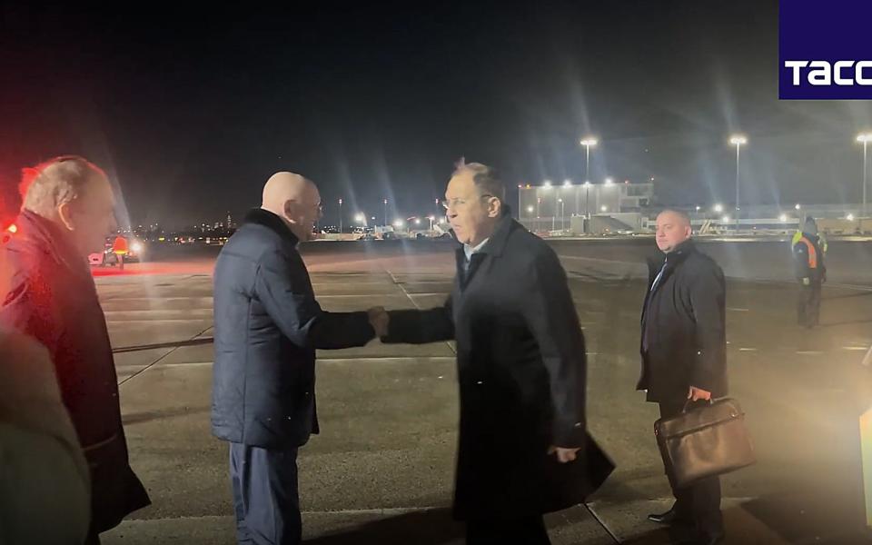 Sergei Lavrov is pictured arriving in New York on Sunday night