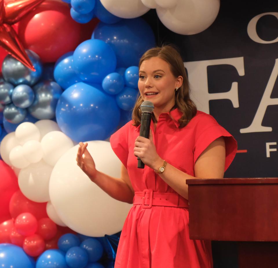 Caroline Fairly addresses the crowd following her primary victory in the 87th Texas Congressional District Tuesday night at Hodgetown in Amarillo.