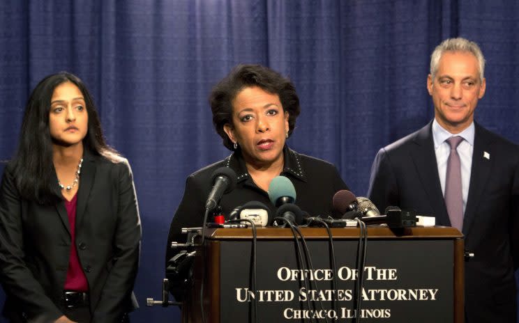 Attorney General Loretta Lynch speaks during a news conference accompanied by Principal Deputy Assistant Attorney General Vanita Gupta, left, and Chicago Mayor Rahm Emanuel Friday, Jan. 13, 2017, in Chicago. The U.S. Justice Department issued a scathing report on civil rights abuses by Chicago's police department over the years. (Photo: Teresa Crawford/AP)