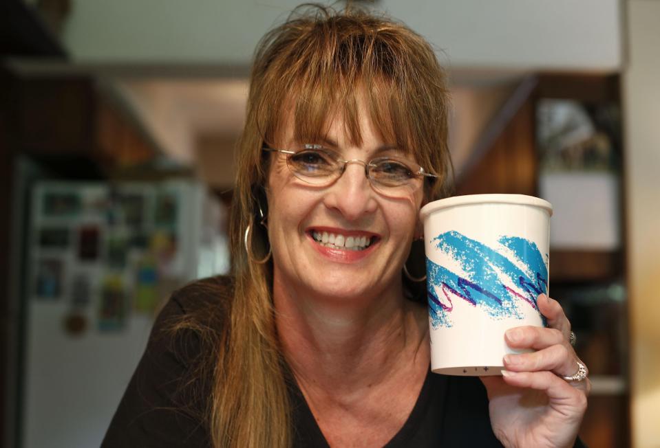 Gina Ekiss designed the Jazz pattern found on plates, cups, and a number of other disposable items. She keeps some products with the design at her home in Aurora.