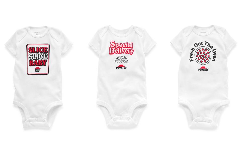 The Carter’s x Pizza Hut limited-edition collection will include three bodysuits – Slice Slice Baby, Special Delivery and Fresh Out The Oven
