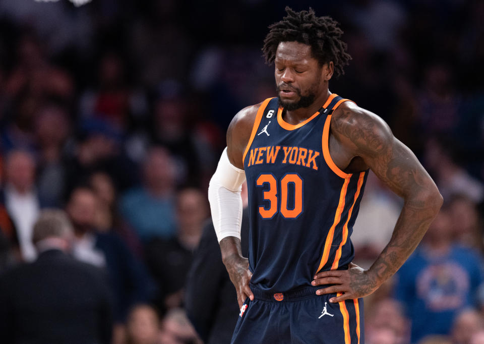 NEW YORK, NEW YORK - MARCH 29: Julius Randle #30 of the New York Knicks walks after getting injured during the second quarter of the game against the Miami Heat at Madison Square Garden on March 29, 2023 in New York City. NOTE TO USER: User expressly acknowledges and agrees that, by downloading and or using this photograph, User is consenting to the terms and conditions of the Getty Images License Agreement. (Photo by Dustin Satloff/Getty Images)