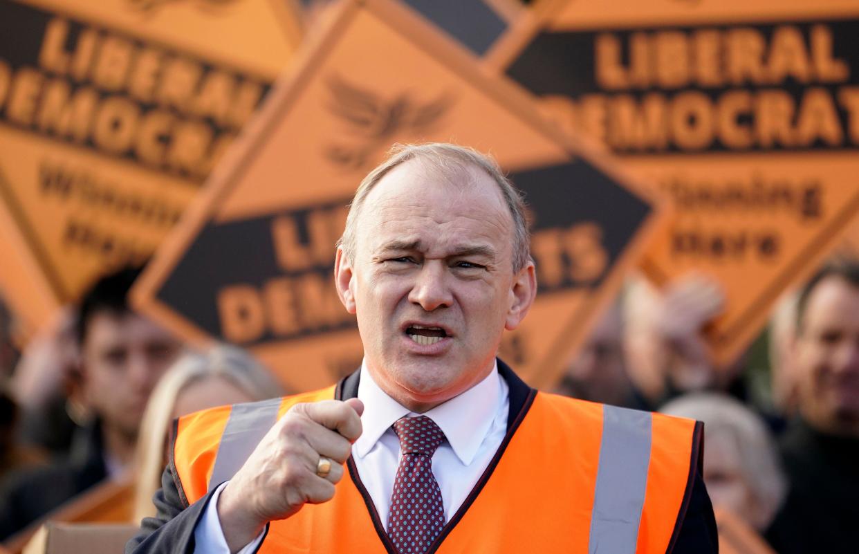 Liberal Democrat leader Sir Ed Davey during a rally in Guildford, as he unveils a new campaign poster vowing to 