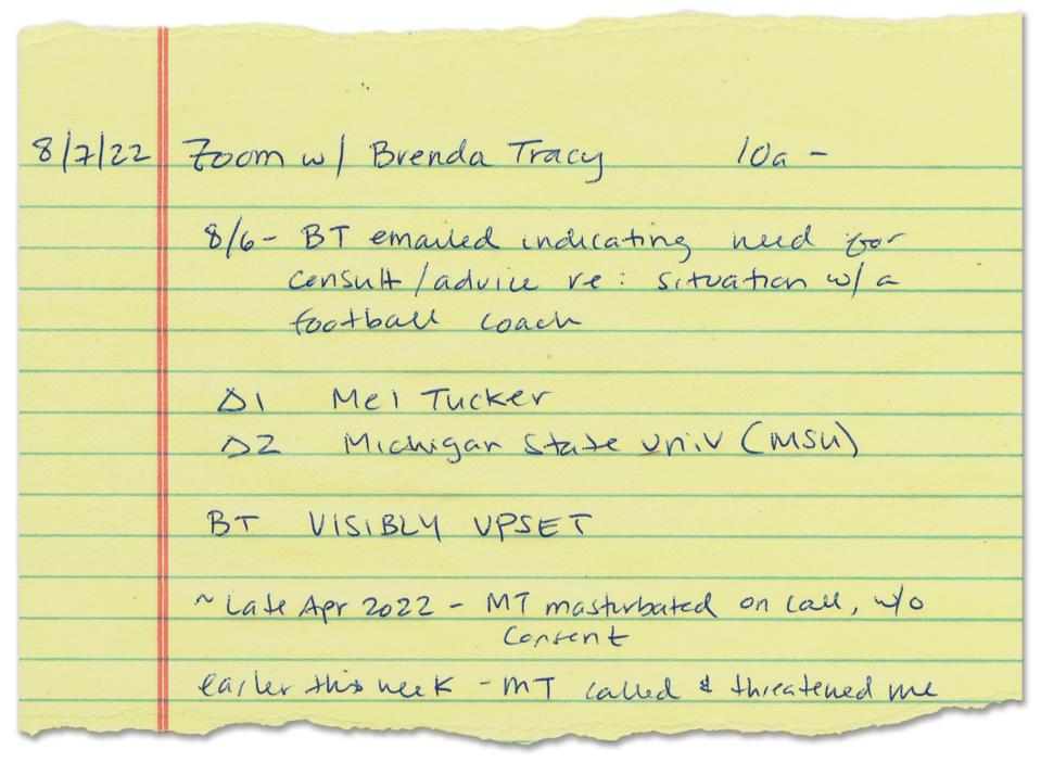 Handwritten notes taken by attorney Jacqueline Swanson memorialize the phone call in which Tracy told her about the incident.