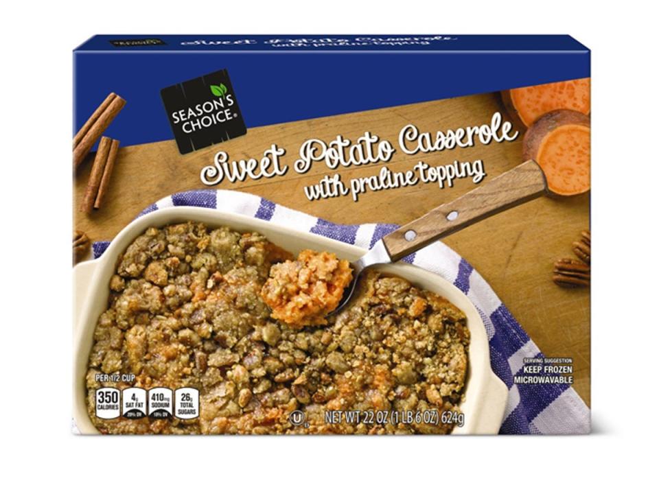 brown and blue package of Aldi's sweet potato casserole