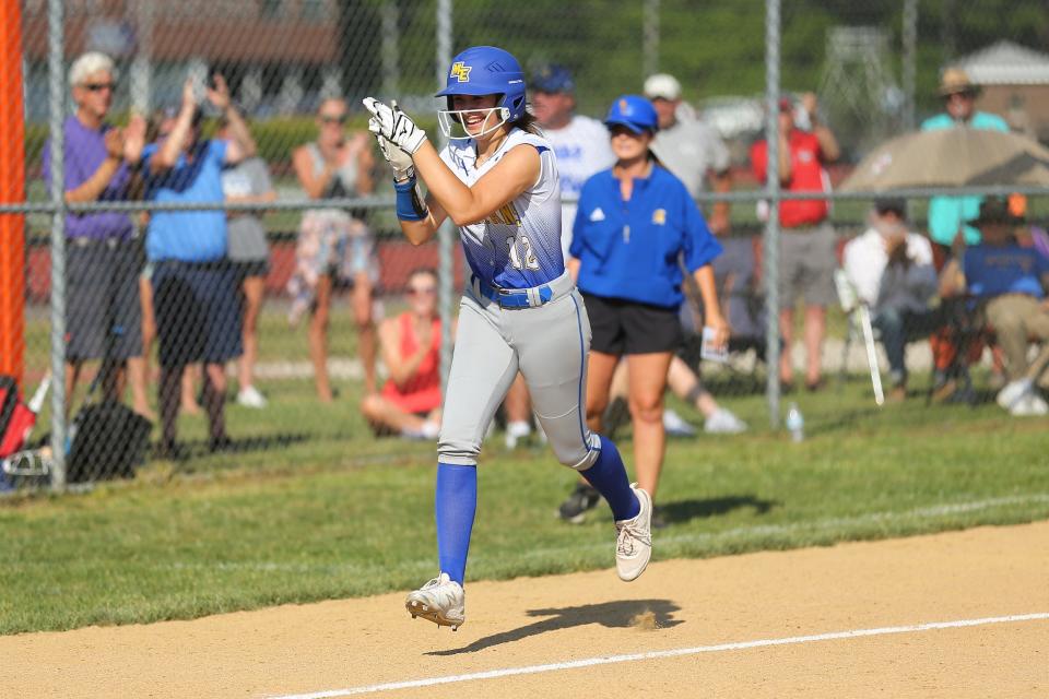 Lauren Eagan from Maine-Endwell celebrates on her way home after a solo homer to tie the game during the Spartans' 2-1 victory over FDR in a NYSPHSAA Class A softball regional semifinal May 30, 2023 at Union-Endicott.