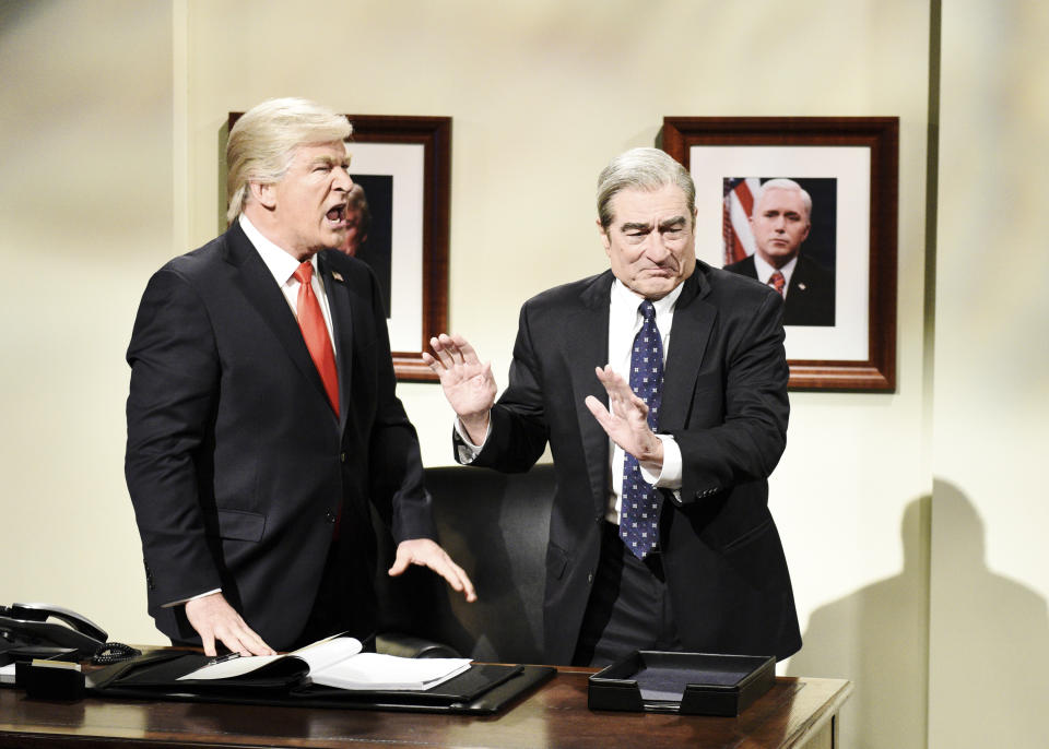 SATURDAY NIGHT LIVE -- &quot;Sandra Oh&quot; Episode 1762 -- Pictured: (l-r) Alec Baldwin as Donald Trump and Robert De Niro as Robert Mueller during the &quot;Mueller Report&quot; Cold Open on Saturday, March 30, 2019 -- (Photo by: Will Heath/NBCU Photo Bank/NBCUniversal via Getty Images via Getty Images)