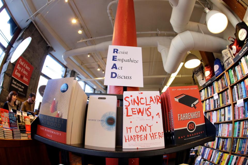A selection of some commonly banned books are displayed at a book store.