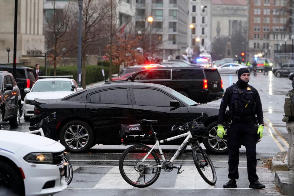 Former President Donald Trump arrives at the U.S. Circuit Court of Appeals for the District of Columbia on Jan. 9, 2024, to appeal whether he is immune from prosecution on charges that he illegally tried to overturn the 2020 election in Washington.