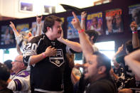 LOS ANGELES, CA - JUNE 11: A fan weeps after the Los Angeles Kings scored a goal during Game 6 of the 2012 Stanley Cup Final June 11, 2012 in Los Angeles, California. (Photo by Jonathan Gibby/Getty Images)