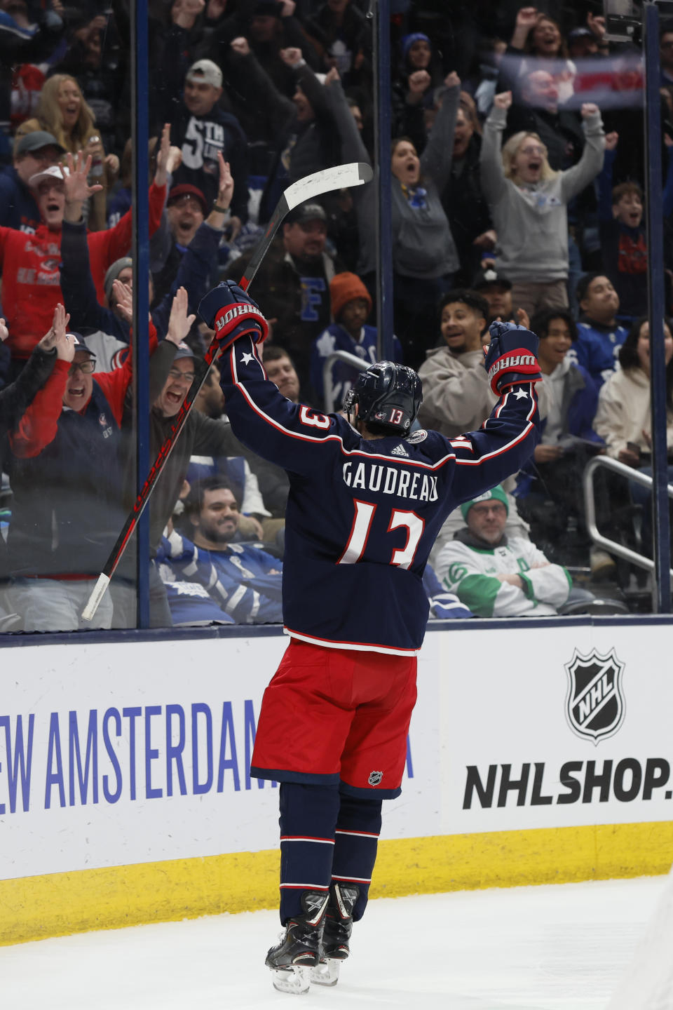 Columbus Blue Jackets' Johnny Gaudreau celebrates his overtime goal against the Toronto Maple Leafs during an NHL hockey game Friday, Dec. 29, 2023, in Columbus, Ohio. (AP Photo/Jay LaPrete)