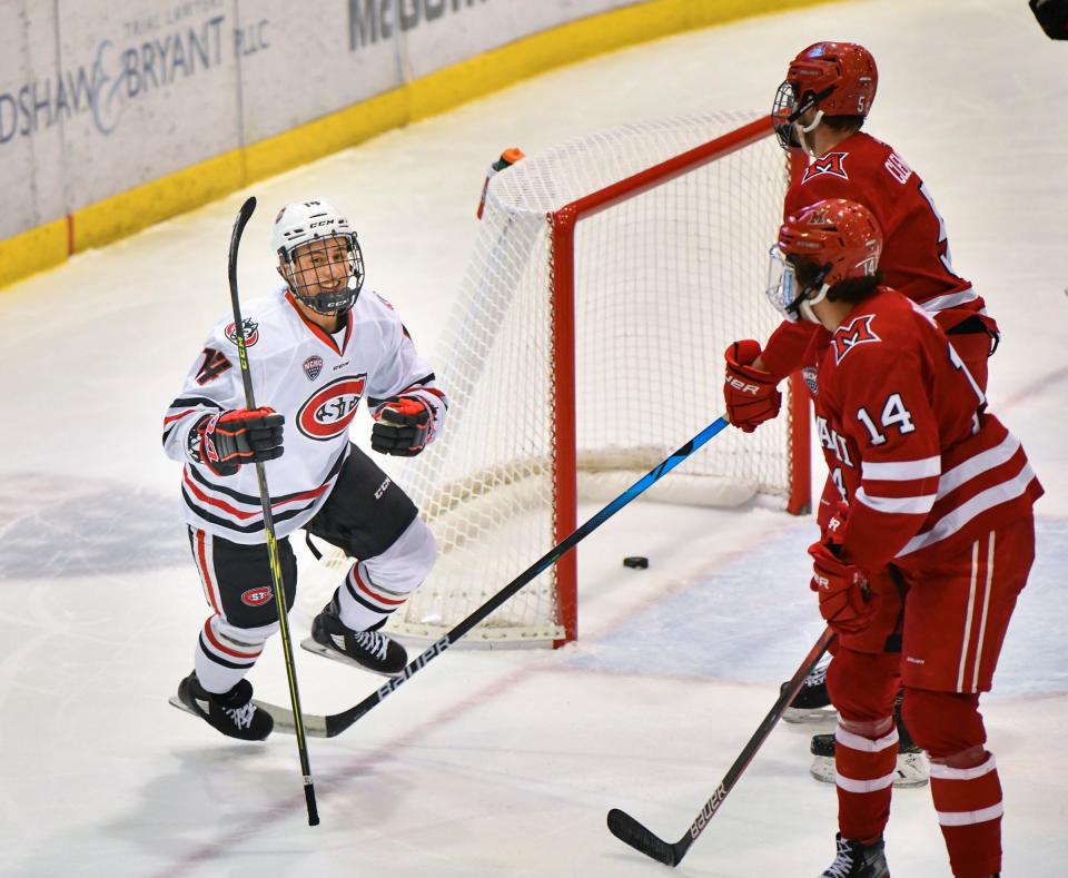 St. Cloud State's Zach Okabe celebrates a goal during the first period of the game against Miami Friday, Jan. 21, 2022, at The Herb Brooks National Hockey Center in St Cloud.