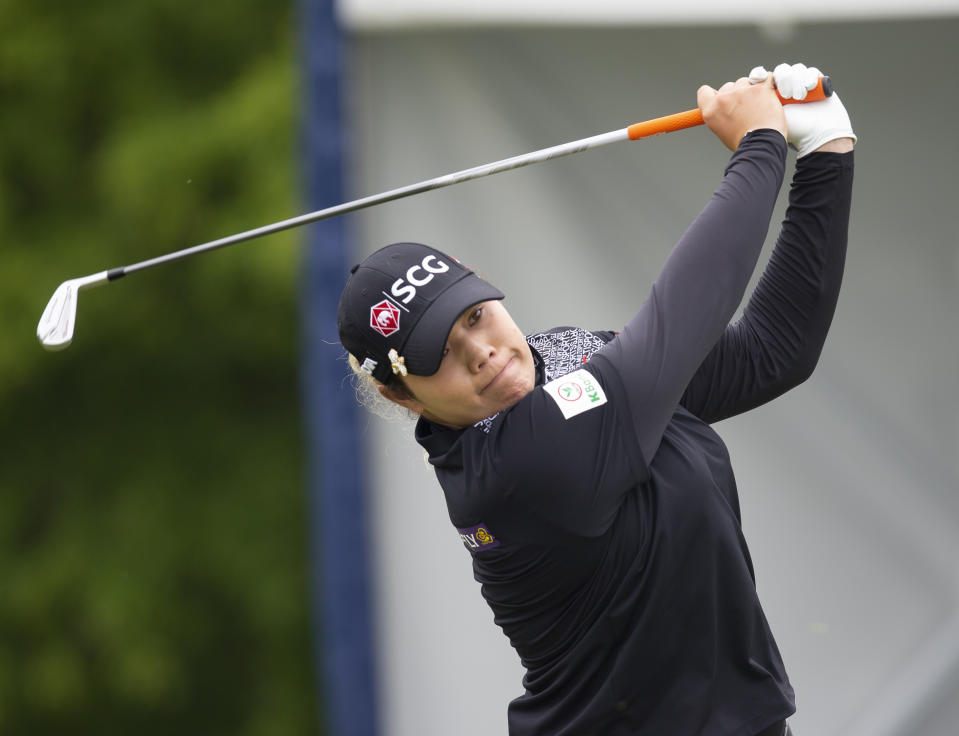 Ariya Jutanugarn, of Thailand, putts on the ninth hole during the final round of the KPMG Women's PGA Championship golf tournament, Sunday, June 23, 2019, in Chaska, Minn. (AP Photo/Andy Clayton-King)