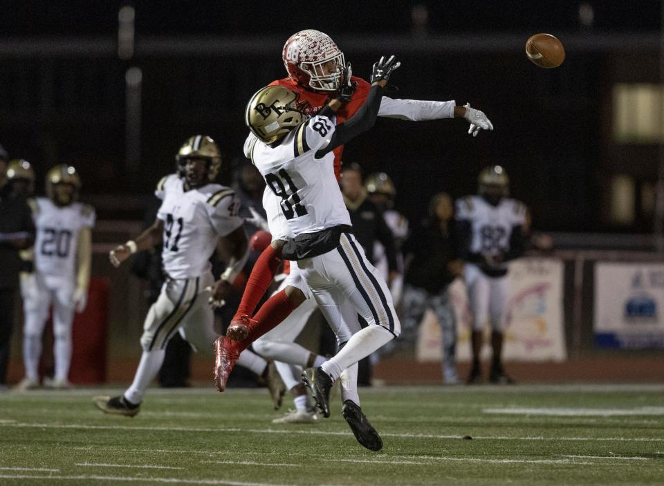 Ocean Mateo Andrews knocks away a pass thrown to Burlington Nasir Harris in first half acton. Ocean Township football season ends with loss to Burlington Township in NJSIAA South Group 3 quarterfinal-round football game in Ocean, NJ on October 28, 2022.