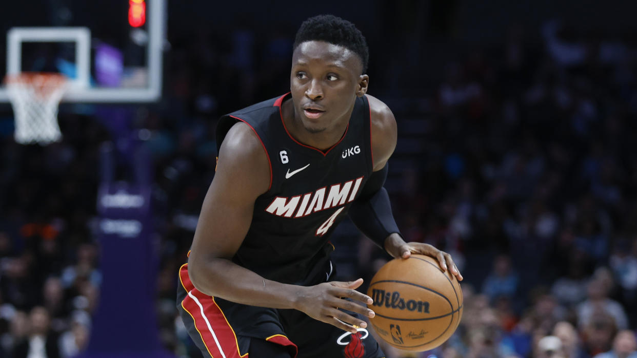 Miami Heat guard Victor Oladipo runs the offense against the Charlotte Hornets during the second half of an NBA basketball game in Charlotte, N.C., Sunday, Jan. 29, 2023. Charlotte won 122-117. (AP Photo/Nell Redmond)