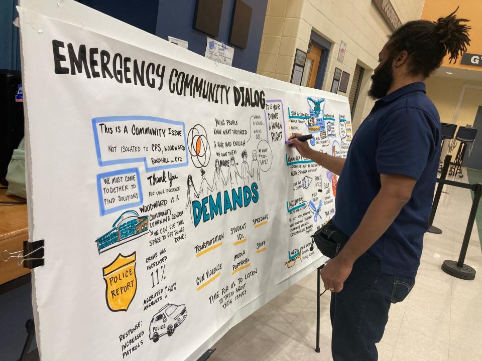 Community members met April 12 at Woodward Career Technical High School to brainstorm ideas about ending violence about a week after two teens were shot at a bus stop after school. Cincinnati is reeling from youth-involved gun violence this year.