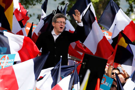 Jean-Luc Melenchon of the French far left Parti de Gauche and candidate for the 2017 French presidential election, attends a political rally in Toulouse, Southwestern France, April 16, 2017. REUTERS/Regis Duvignau