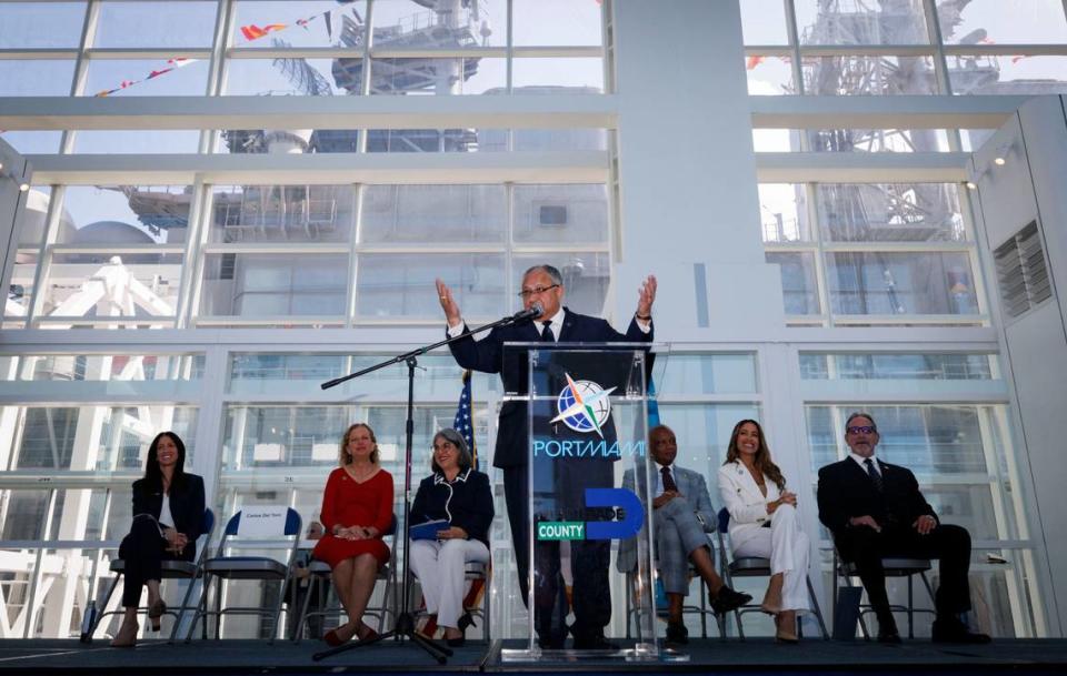 Carlos Del Toro, United States Secretary of the Navy, speaks during the opening day of Fleet Week with the assault ship USS Bataan (LHD-5) behind him on Monday, May 6, 2024, at Norwegian Cruise Lines Terminal in PortMiami. Alie Skowronski/askowronski@miamiherald.com