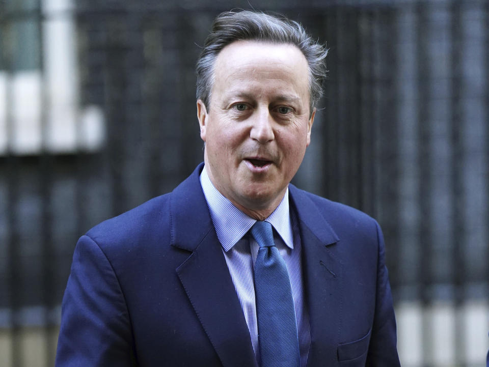 Britain's former prime minister David Cameron leaves Downing Street, in London, Monday, Nov. 13, 2023. British Prime Minister Rishi Sunak on Monday fired Home Secretary Suella Braverman, a divisive figure who drew anger for accusing police of being too lenient with pro-Palestinian protesters. In a highly unusual move, former Prime Minister David Cameron was named foreign secretary. It's rare for a former leader, and a non-lawmaker, to take a senior government post. The government said Cameron will be appointed to Parliament's unelected upper chamber, the House of Lords. (James Manning/PA via AP)