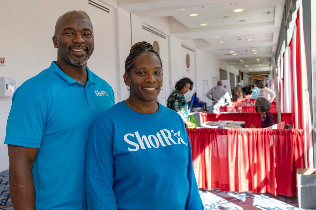 Pharmacists Ted and Merica Lyons set up a vaccine clinic at the Church of God in Christ's Holy Convocation in Downtown Memphis on Thursday, Nov. 10, 2022. The Lyonses started a mobile vaccine clinic, ShotRx, during COVID-19. Seeing the need in Memphis, they expanded to a primary care clinic.