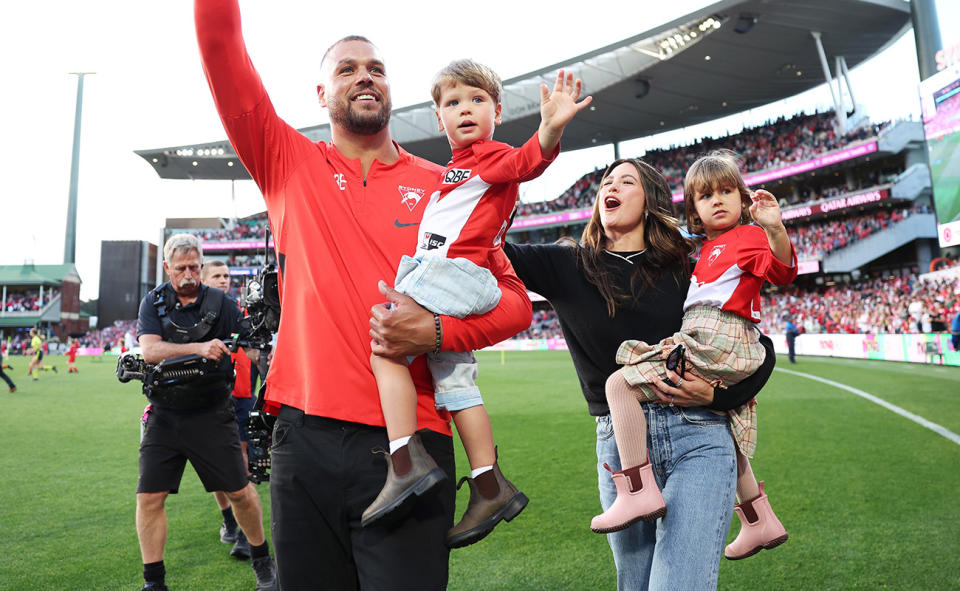 Buddy Franklin, pictured here with wife Jesinta and their kids at the SCG in August.