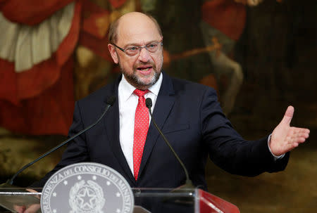 Germany's Social Democratic Party candidate for chancellor Martin Schulz talks during a news conference at Chigi Palace in Rome, Italy, July 27, 2017. REUTERS/Max Rossi