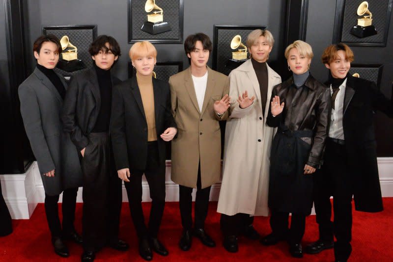 BTS attends the Grammy Awards in 2020. File Photo by Jim Ruymen/UPI